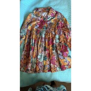 Kika Vargas Gathered Blouse Multicolor Floral Scallop Collar Size M